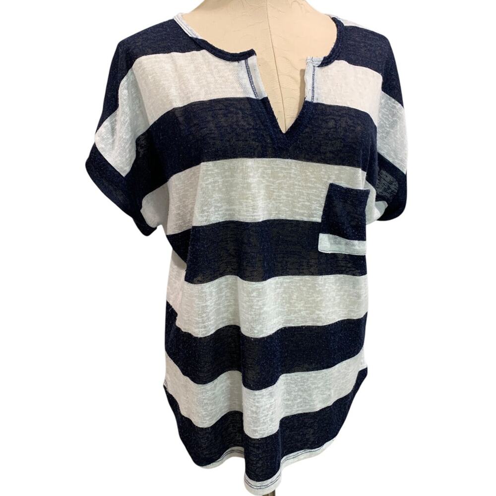 XL Petite Womens Navy Blue White Striped Lightweight Sheer Sweater V-Neck Pocket